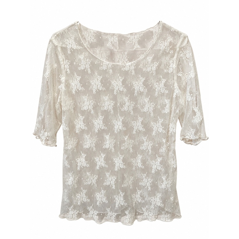 Ivory Sheer Lace Mesh Top M Floral Embroidered Lettuce Hem Y2K Romantic